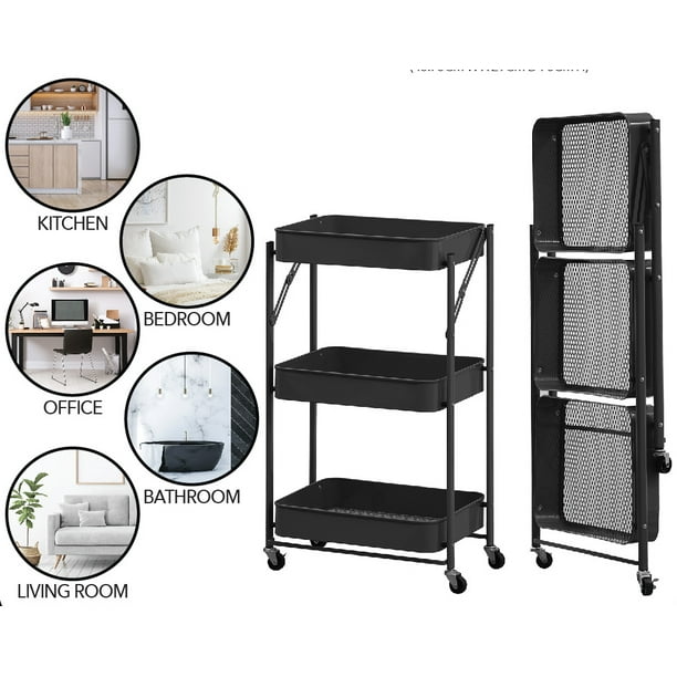 3 Tier Rolling Cart Foldable Storage Cart with Wheels No Assembly