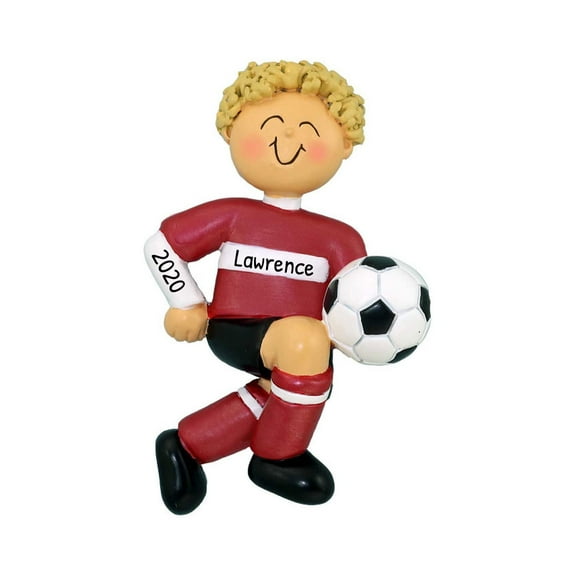 Personalized Soccer Ornaments 2024 - Blonde Boy Dribbling Soccer Player Ornament - Red Uniform Decor