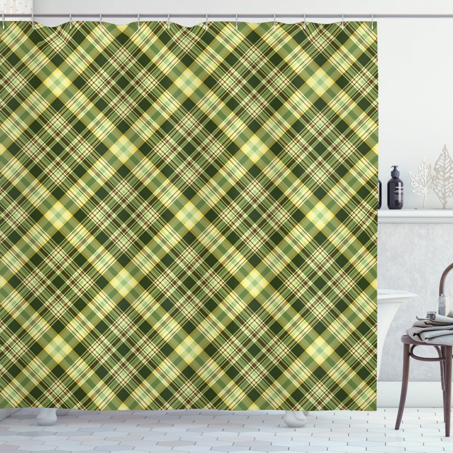Green and Brown Shower Curtain, Diagonal Checkered Pattern Irish Tartan