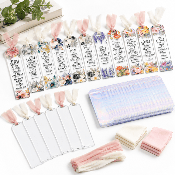 60-Piece DIY Bookmark Craft Kit with Verse Flower UV DTF Stickers and Ribbons