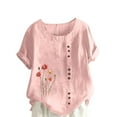 thumbnail image 3 of BiZtdJrK Womens Summer Cotton and Linen Button Round Neck Tees Shirt Fashion Boho Floral Print Beach Tops Casual Plus Size Short Sleeve Blouses Pink XXXXL, 3 of 5