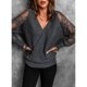 thumbnail image 4 of Suéter con cuello en V para mujer Diseño cruzado Costuras de encaje Camisa superior de punto de manga larga Suéter suelto para otoño invierno Gris M, 4 of 7