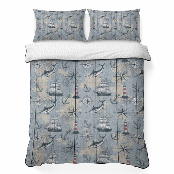 Queen Quilt Set 90''x96'', Blue Seaports Lightweight Bedspread Coverlet Set with 2 Pillow Shams, Vintage Ocean Anchor Shark Farmhouse Wood Breathable All Season Quilt Bedding for Bedroom/Guest Room