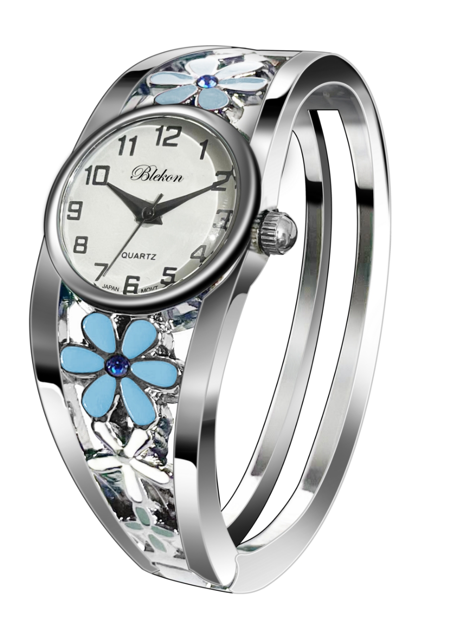 Blekon Women’s Cuff Bangle Watch – Elegant Silver Bracelet Watch with Flower Design, Fashion Jewelry Timepiece for Women