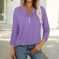 thumbnail image 6 of AKEGAMN Cotton Linen Button Down Tops 3/4 Length Sleeve Casual Blouses, Purple S-5XL, 6 of 9