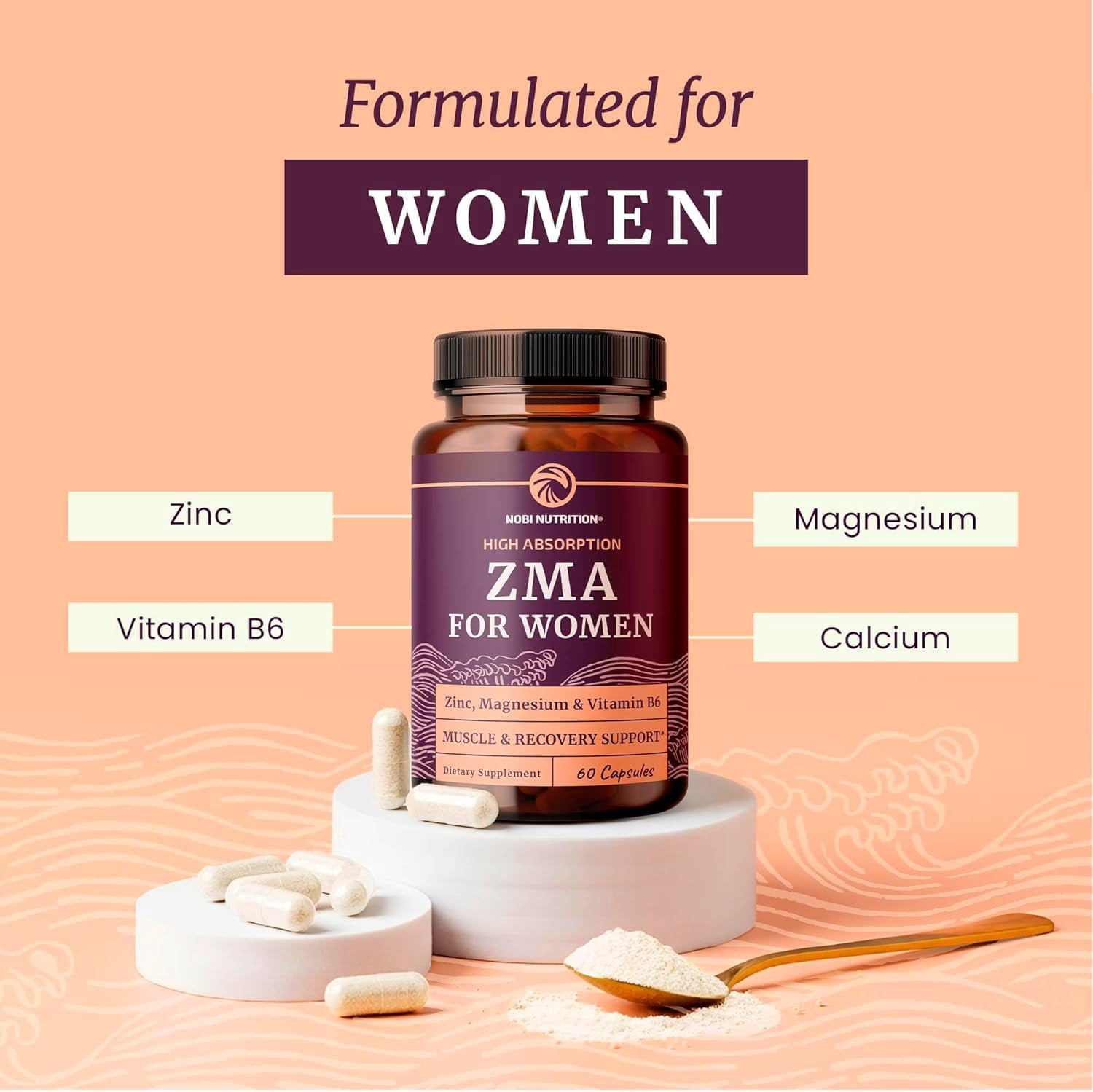 Women’s Zinc Magnesium Aspartate Supplement with Vitamin B6 for Post Workout, 60 Ct
