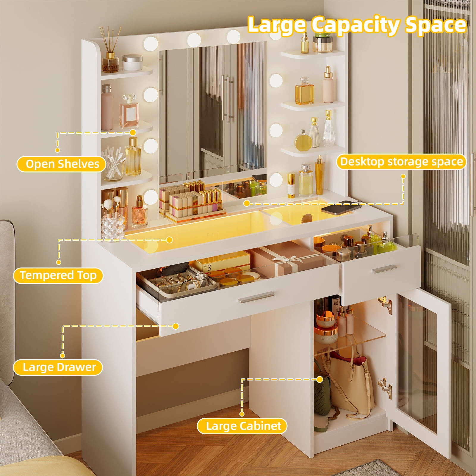 TOMNK White Vanity Desk with Mirror & Lights, Power Outlet, 3 Colors, 2 RGB Drawers, 6 Shelves