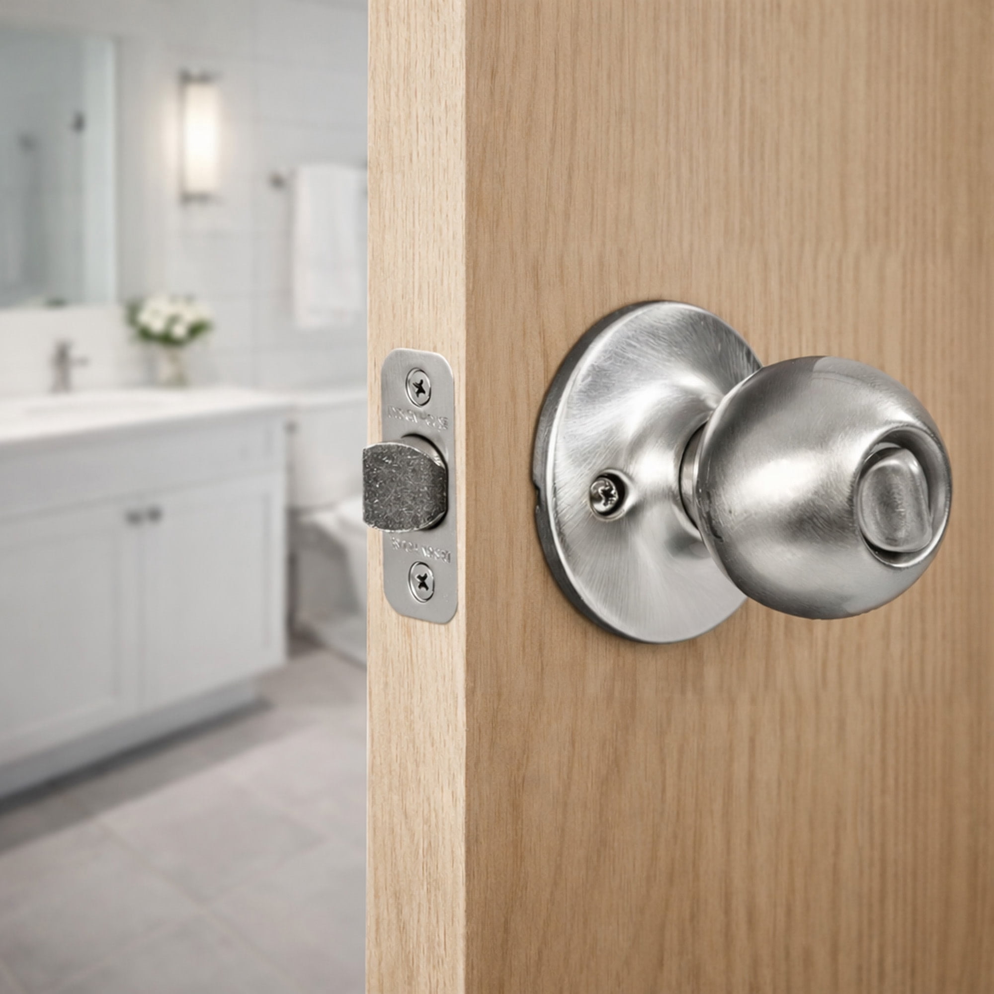 Satin Nickel Ball Privacy Door Knob, Bed and Bath Turn-Button Lock with Emergency Release, Adjustable Backset