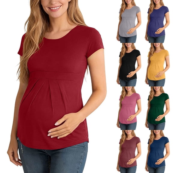 Axiiglly Maternity Shirts Short Sleeve Crew Neck Pleated Stretch Pregnancy T-Shirts Soft Comfortable Plus Size Tee for Women, S-4XL