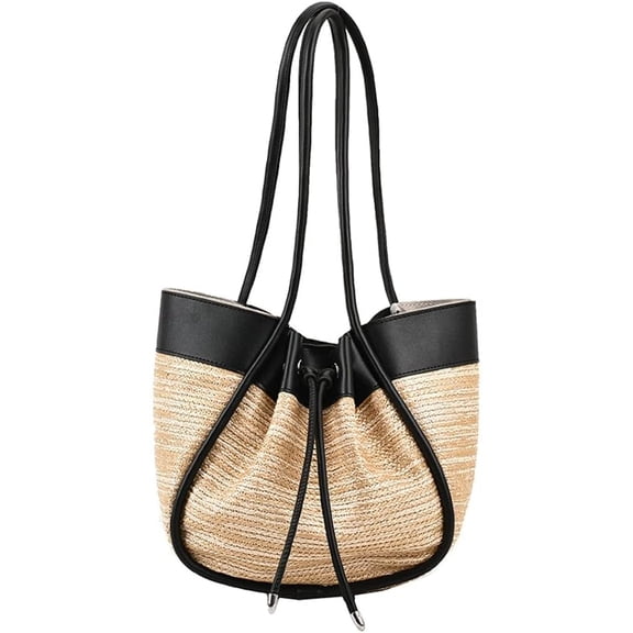 Kukuzhu Straw Bag for Women Straw Woven Tote Bag Casual Straw Shoulder Bags Summer Beach Bag Drawstring Handmade Hobo Bag