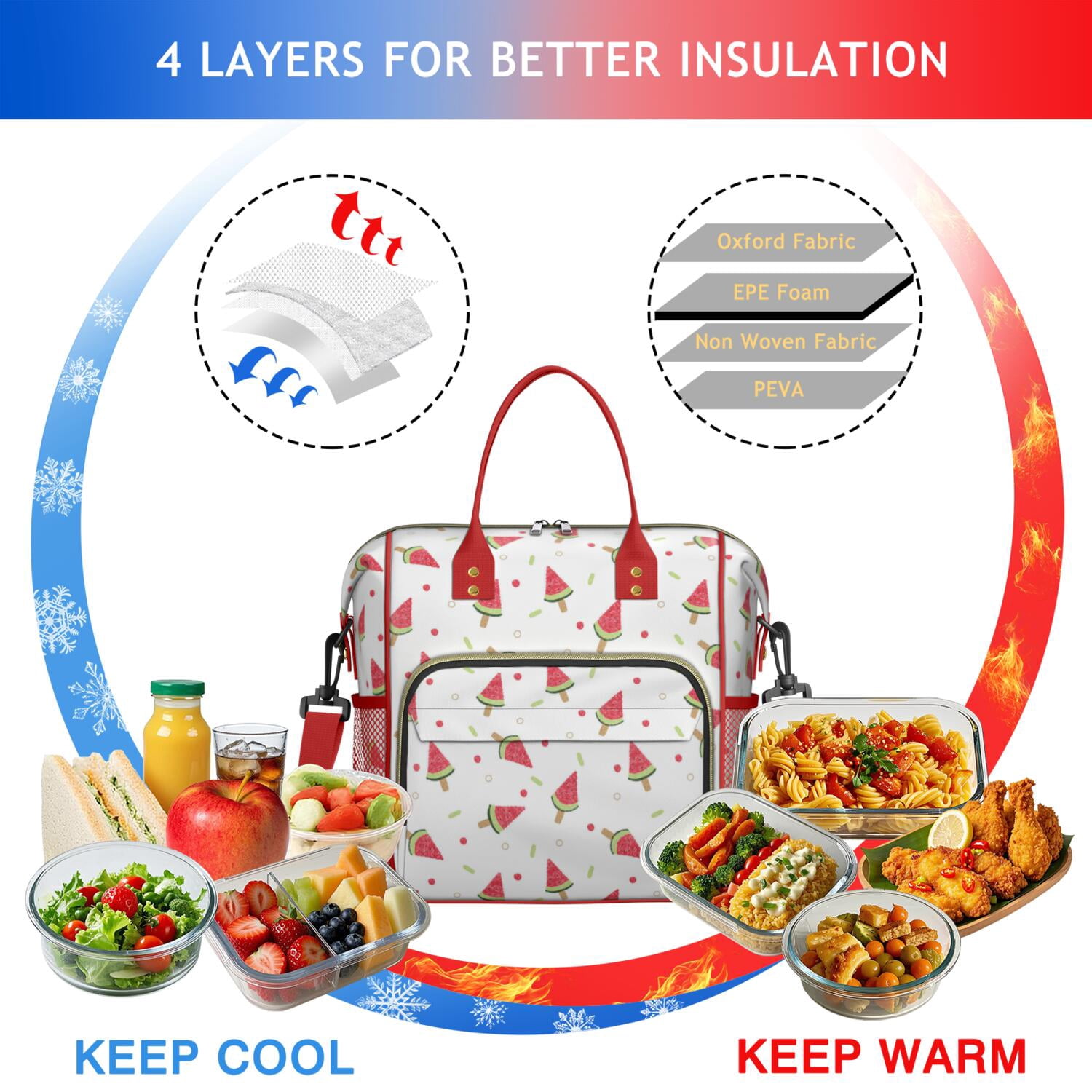 Summer Sunshine Watermelon Print Cooler Bag - Waterproof Insulated Tote for Office & Outdoor, Durable Leakproof Lunch Bag with Reinforced Handles
