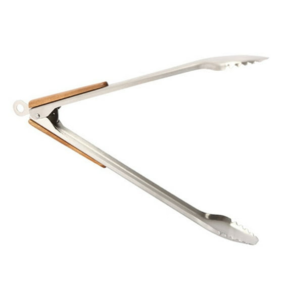 Stainless Steel BBQ Tongs Kitchen Heat Wood Handle Larger Tong Outdoor Tools Clips Barbecue Clip