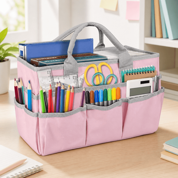 Craft Organizer Tote Bag – Art Supply Storage with Multiple Pockets and Handles, Portable Teacher Tote for Paper, Books, and Tools, Pink