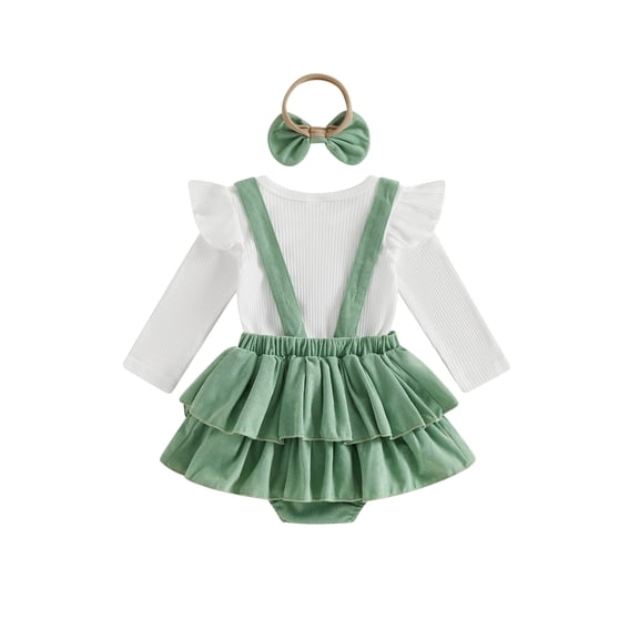 Loicainy Infant Baby Girls Fall Outfit 3 6 9 12 18 Months Long Sleeve Romper with Overall Dress and Headband Clothes Set
