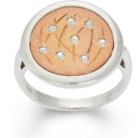 Giuliano Mameli Crystal Accent 14kt Rose Gold-Plated Sterling Silver Matte-Finished Grass Pattern White Polished Frame Round Ring