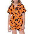thumbnail image 4 of Curuila Kids Girls Halloween Pajamas Set Short Sleeve Hallowmas Cartoon Print Lapel Button Down Pjs Tops With Shorts For Party Casual Sleepwear Orange1 Size 6-7 Years, 4 of 4