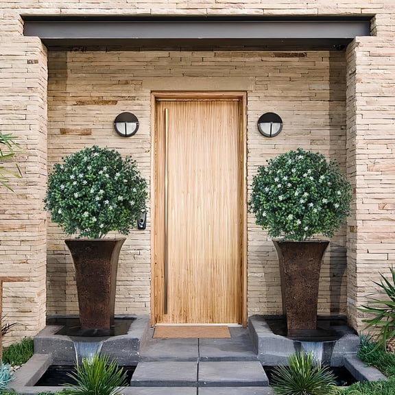 24" Artificial Boxwood Topiary Ball Bush with White Flowers, 2 Pack Artificial Shrub Bushes with Spike, Fake Evergreen Tree for Porch, Artificial Plants for Outdoor Planters Indoor  Resistant