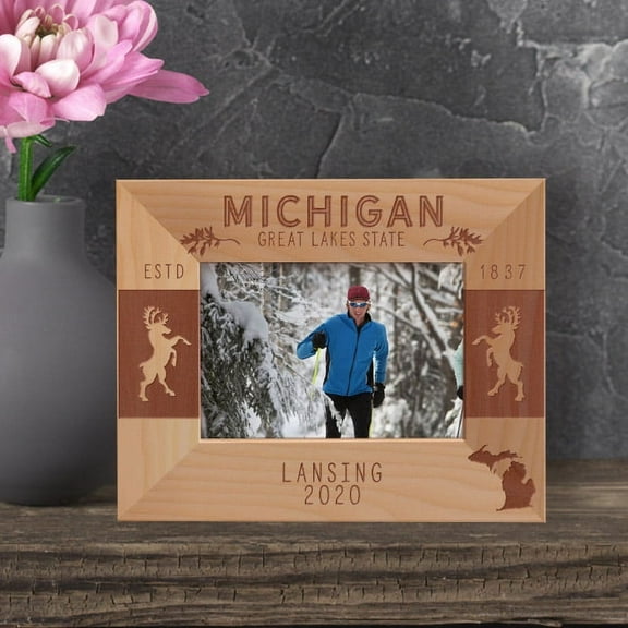 Michigan Personalized Wooden Frame-5" x 3 1/2" Brown Horizontal