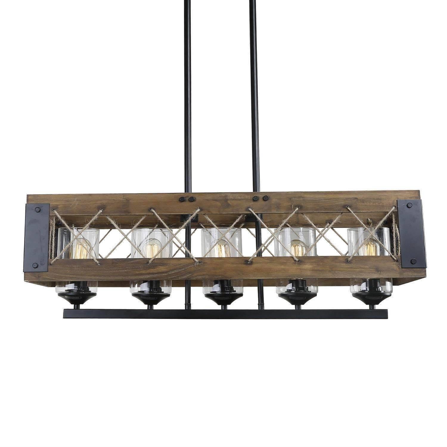LNC 5-Light Black and Brown Wood Farmhouse Cage Chandelier for Kitchen Island