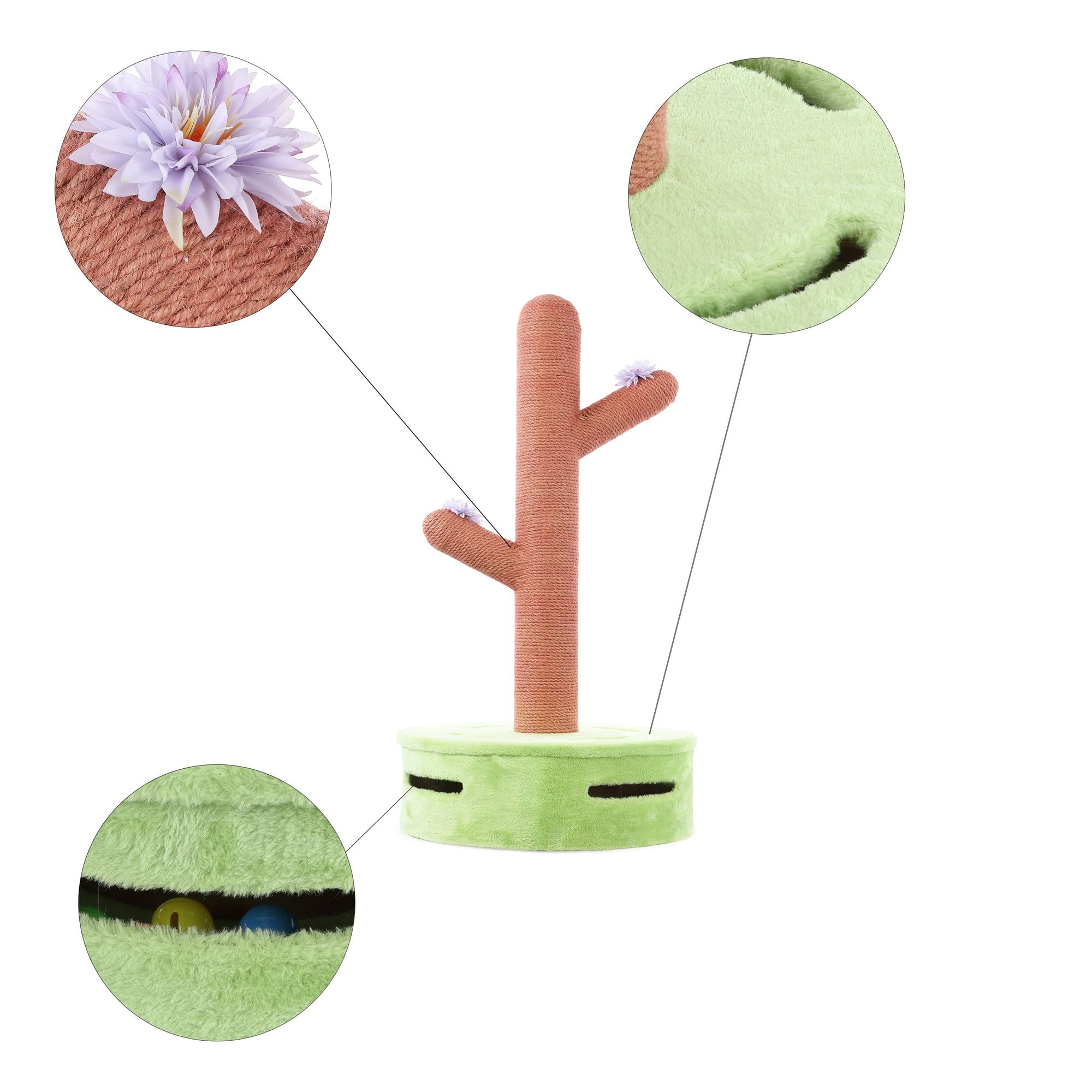 THE LICKER STORE Rosa 36" Modern Jute Cactus Cat Scratching Post with Flower Toys and Built-In Bell Toys, Pink/Green, CTR1004A