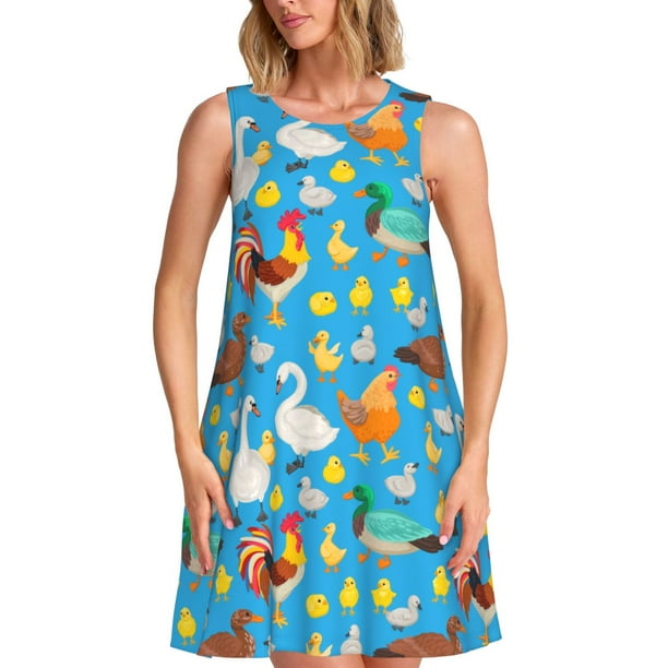 Easygdp Rooster And Chickens para Vestido Transpirable de Mujer, Vestido Suelto de Manga Corta con Pliegues y Bolsillos para el Verano