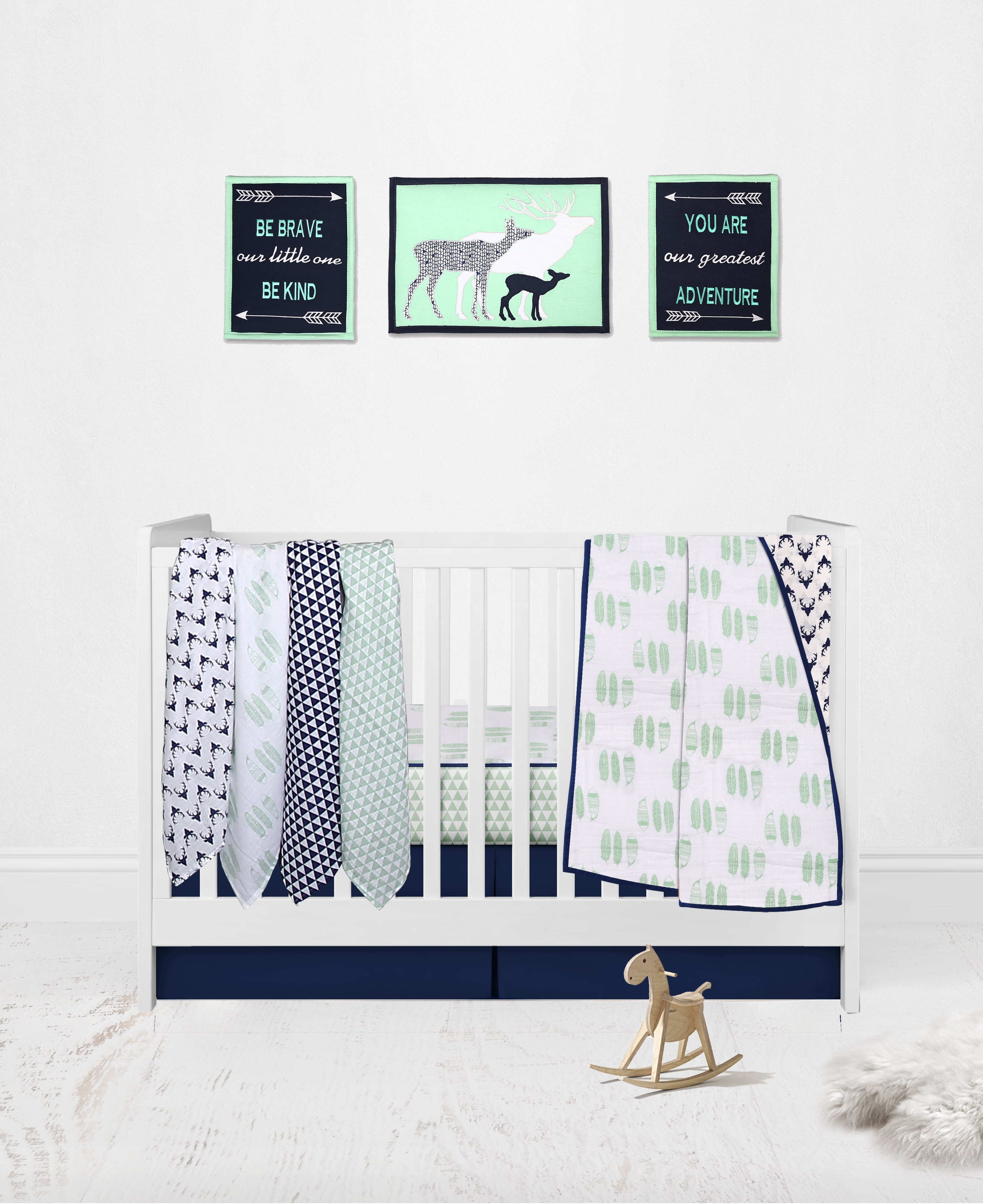 Bacati - Tribal Mint/Navy Feathers Buck Triangles Muslin Boys Crib Bedding Set