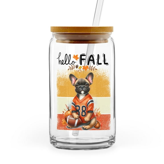 Hello Fall French Bulldog Football Welcome Autumn with Leaves Pumpkins 16oz Glass Cup Mug Dog Lover Gifts Glass Can with Bamboo Lid and Straw - 00012