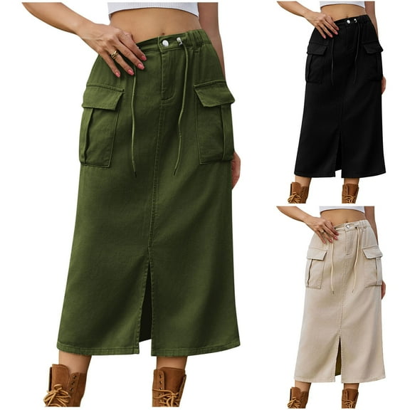 Bovxnpu Plus Size Skirts For Women, Women's Maxi Denim Skirt With Pocket Jeans Skirts, Women's Fashion Solid Color Elastic Waist Slit Cowboy Skirt M