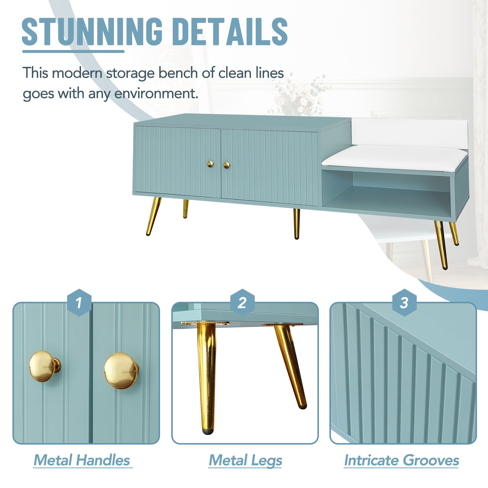 EUROCO 54.3" Shoe Storage Bench with2 Doors, Hidden Storage and Upholstered Seat Cushion,Modern Design Shoe Storage Hallway Shoe Cabinet Shoe Bench Slim Entryway Shoe Organizer for Entryway, Bedroom