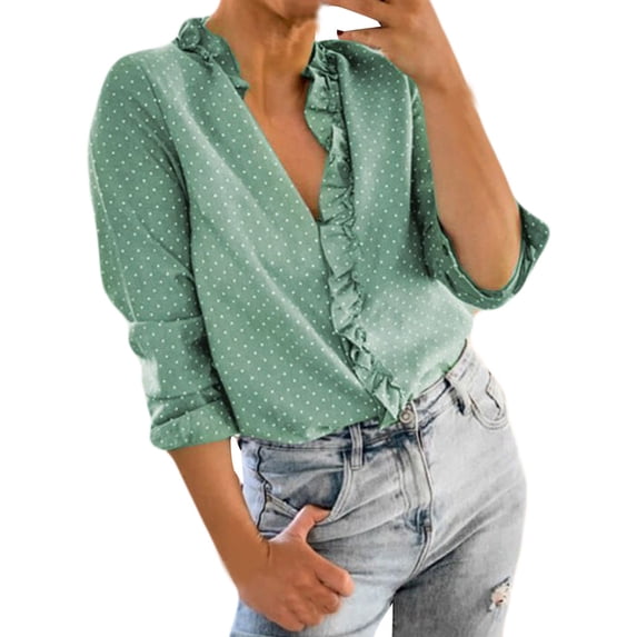 asdoklhq Long Sleeve Shirts for Women,Women Wave Point Print Blouse Tops Cotton Long Sleeve Coat V-Neck Blouse