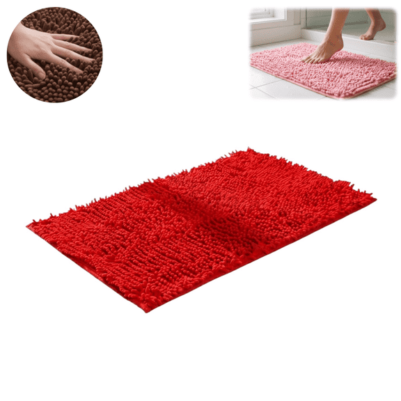1PC Chenille Bath Mat, Absorbent Non‑Slip Floor Rug, Quick‑Drying Doorway Mat for Bathroom Entryway, 40x60cm, Red