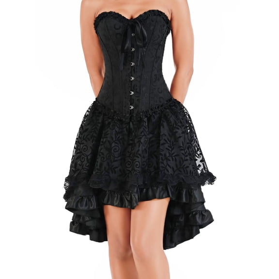 Grebrafan Women Party Showgirl Corset and Gothic Skirt Set 3XL Black