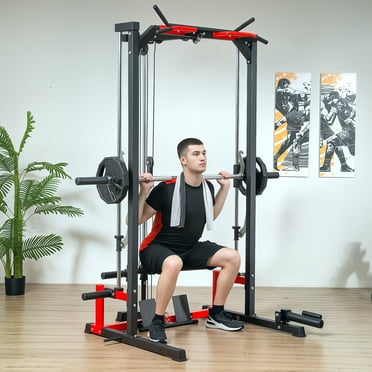 Soozier Multi-Function Smith Machine Power Rack with Pull Up Bar, Lat Pull Down System, Landmine, Squat Rack, Barbell Bar, for Home Gym