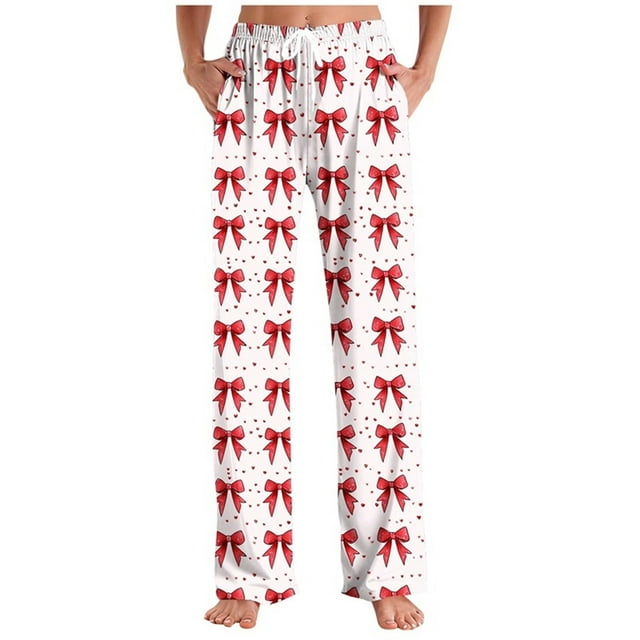 RKSTN Pink Valentines Pajama Pants Bow Print Unisex Elastic Drawstring Waist Color Block Lightweight Lounge Pants with Pockets