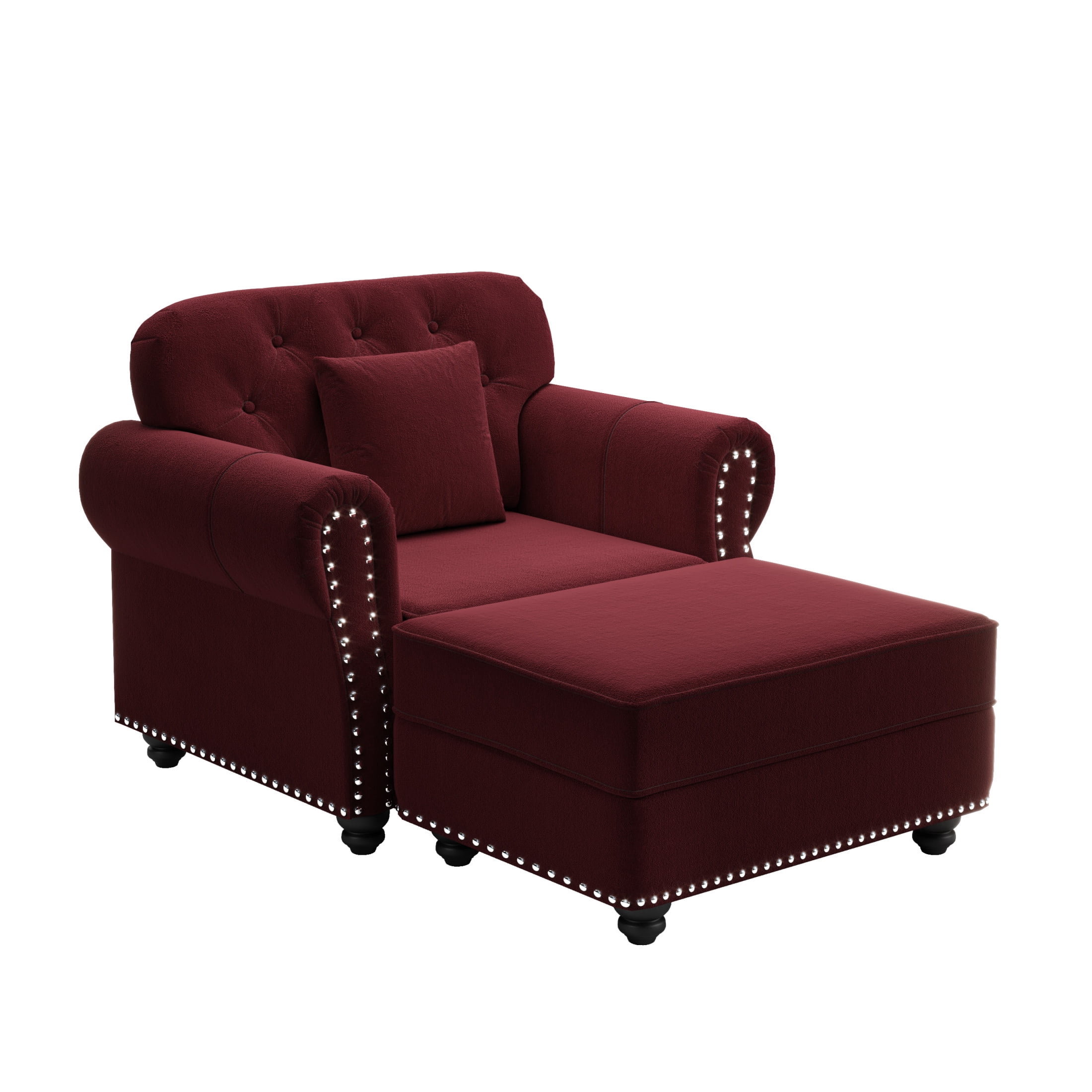 Noble House Kieran 1-Seater Velvet Chesterfield Sofa, Modern Tufted Armchair with Nailhead Trim and Ottoman, Burgundy