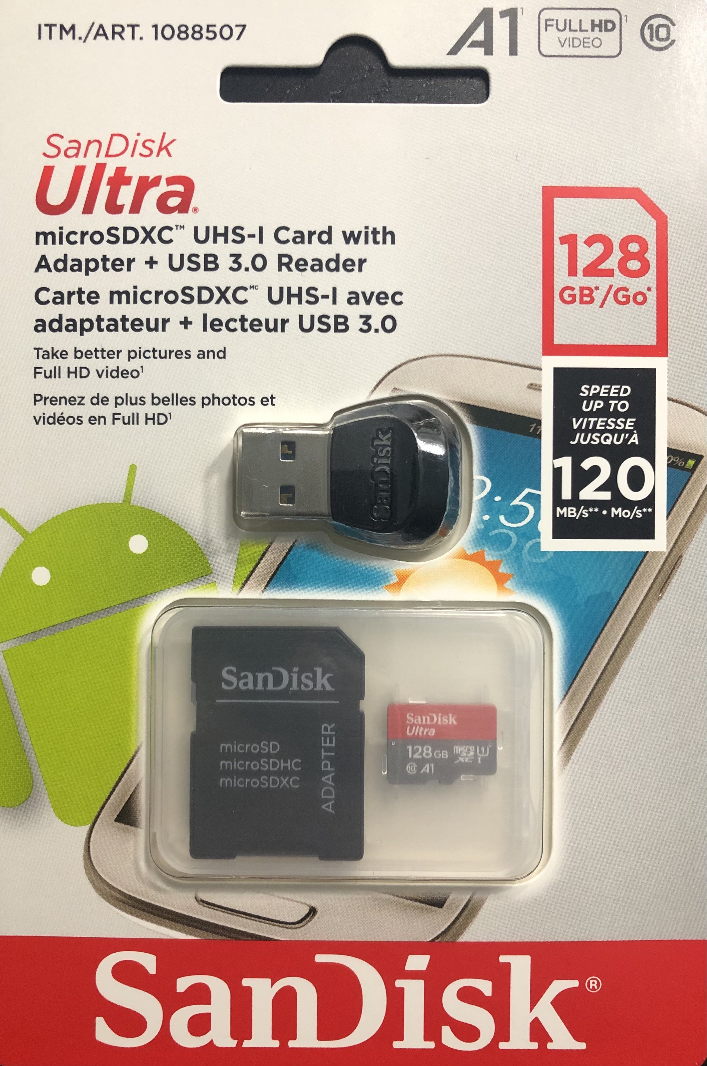 SanDisk Ultra 128GB microSDXC UHSI card with Adapter + USB 3.0 Reader