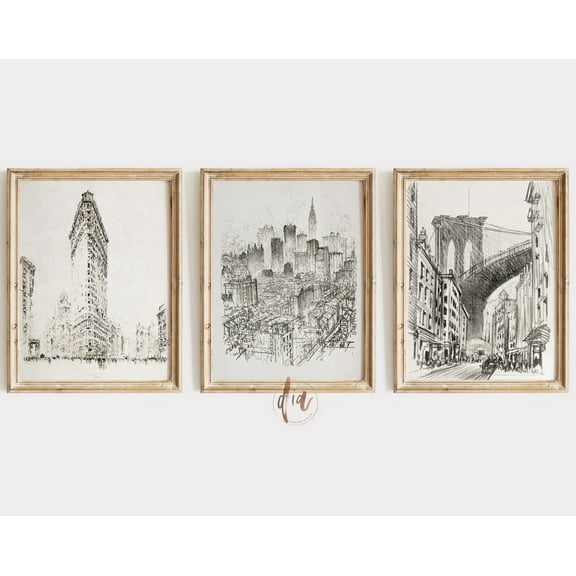 Luvia Vintage Nyc Drawings Set Of 3 Art Antique Sketches, New York City Cityscape Set, Gallery Wall Set, Modern Wall Decor Set 3 Prints 8x12 UNFRAMED