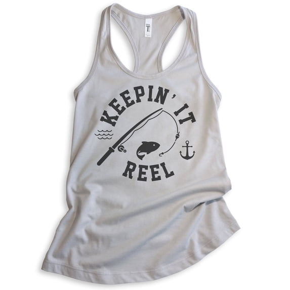 Keepin' It Reel Tank Top, Ladies Racerback Tank Top, Fishing Tank, Fish Pun Tank, Fisherman Tank, Silver Gray, Medium