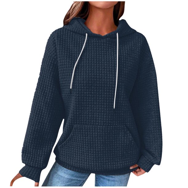 Women's Fashion Casual Solid Hooded Pullover Long Sleeve Plaid Sweater Top
