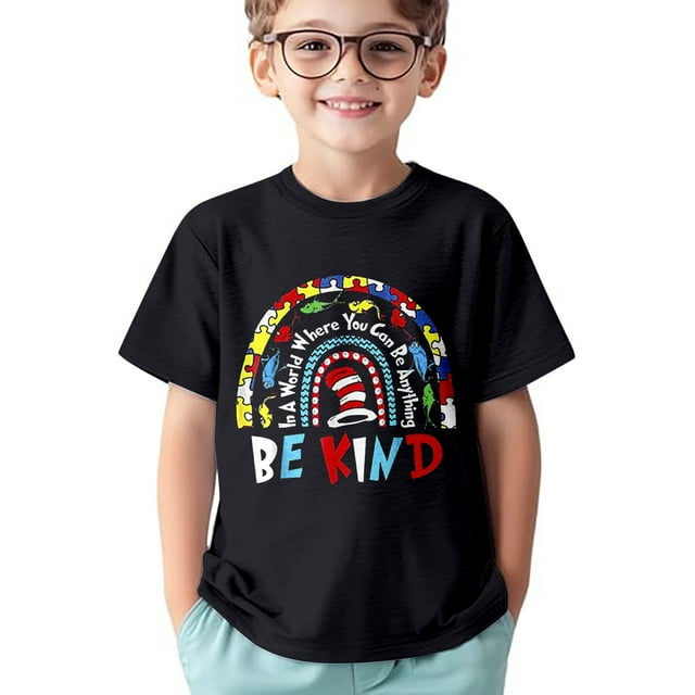 Chemises Garçons Été Décontracté Imprimé Personnalité Col Rond Manches Courtes T-Shirt Ample Noir 3-4 Ans