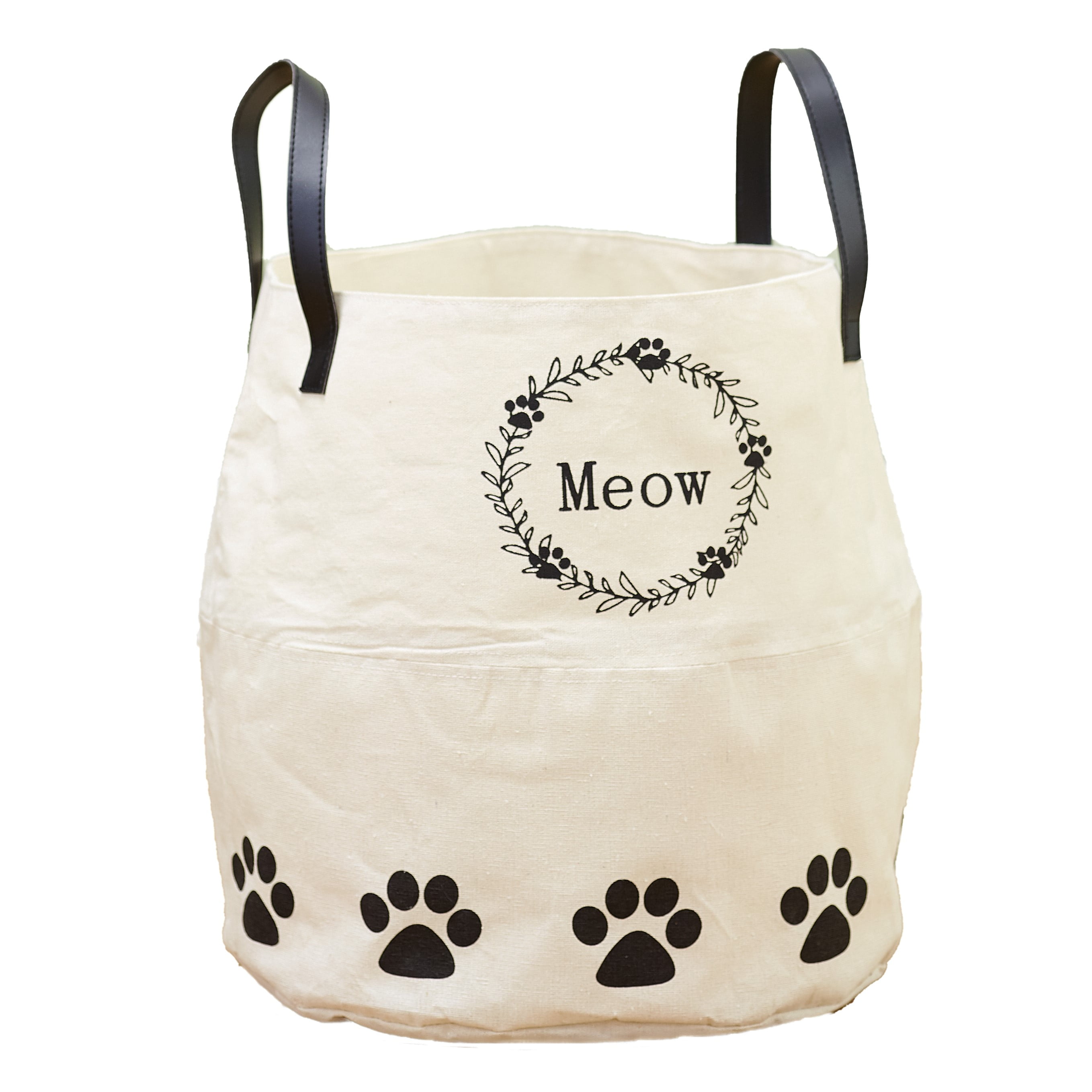 Country Farmhouse Meow Pet Item Storage Bin with Faux Leather Handles
