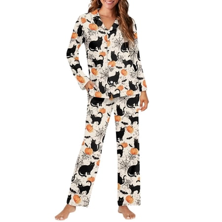 HUIACONG Halloween Black Cat Pumpkin Print Women s Pajama Set 2 Piece Long Sleeve Notch Collar Button Front Loungewear Quick Dry Stretchy Polyester Ideal for Home Relaxation