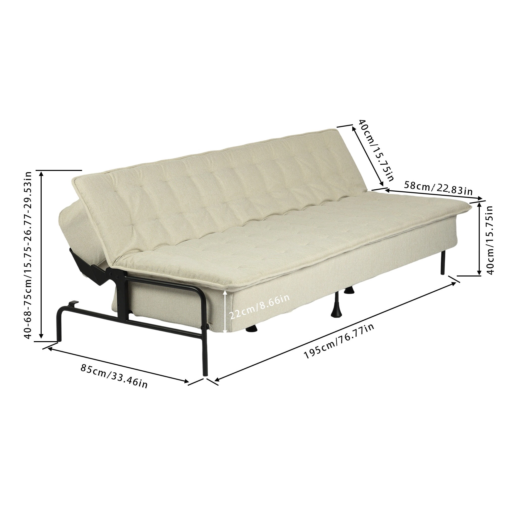 BSHTI 76" Linen Futon Sofa Bed – 3 Adjustable Backrest Angles, Convertible Couch, Metal Frame with Anti-Slip Feet, Space-Saving for Apartment Living Room Small Space，Beige