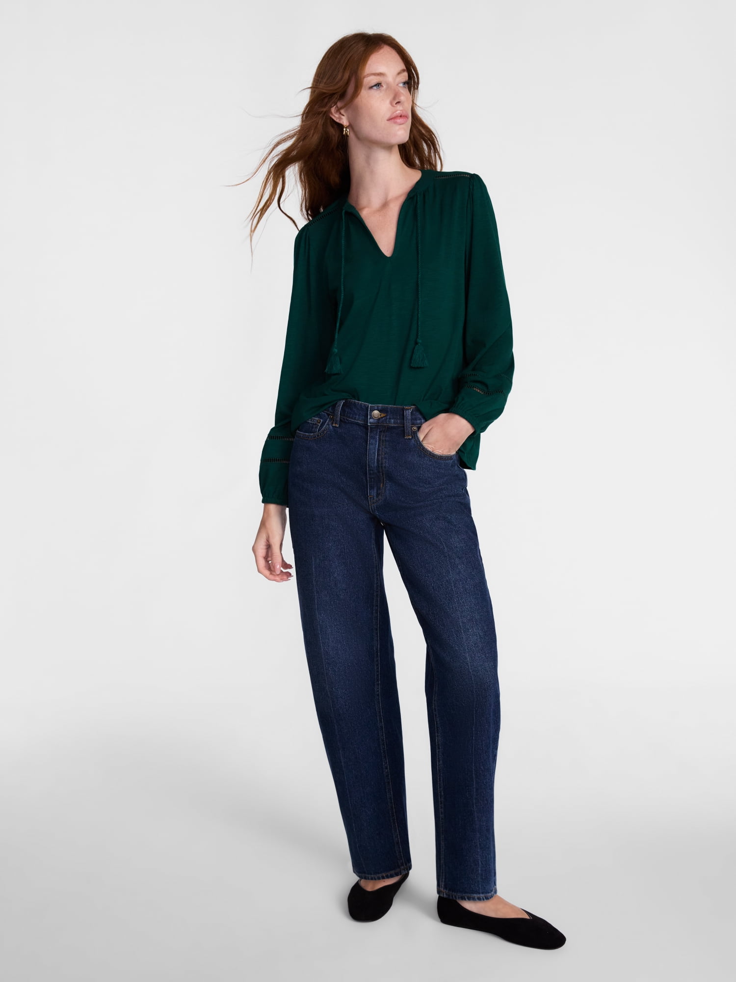 Scenario Women's Slub Knit Split Neck Top with Long Sleeves, Sizes XS-XXXL