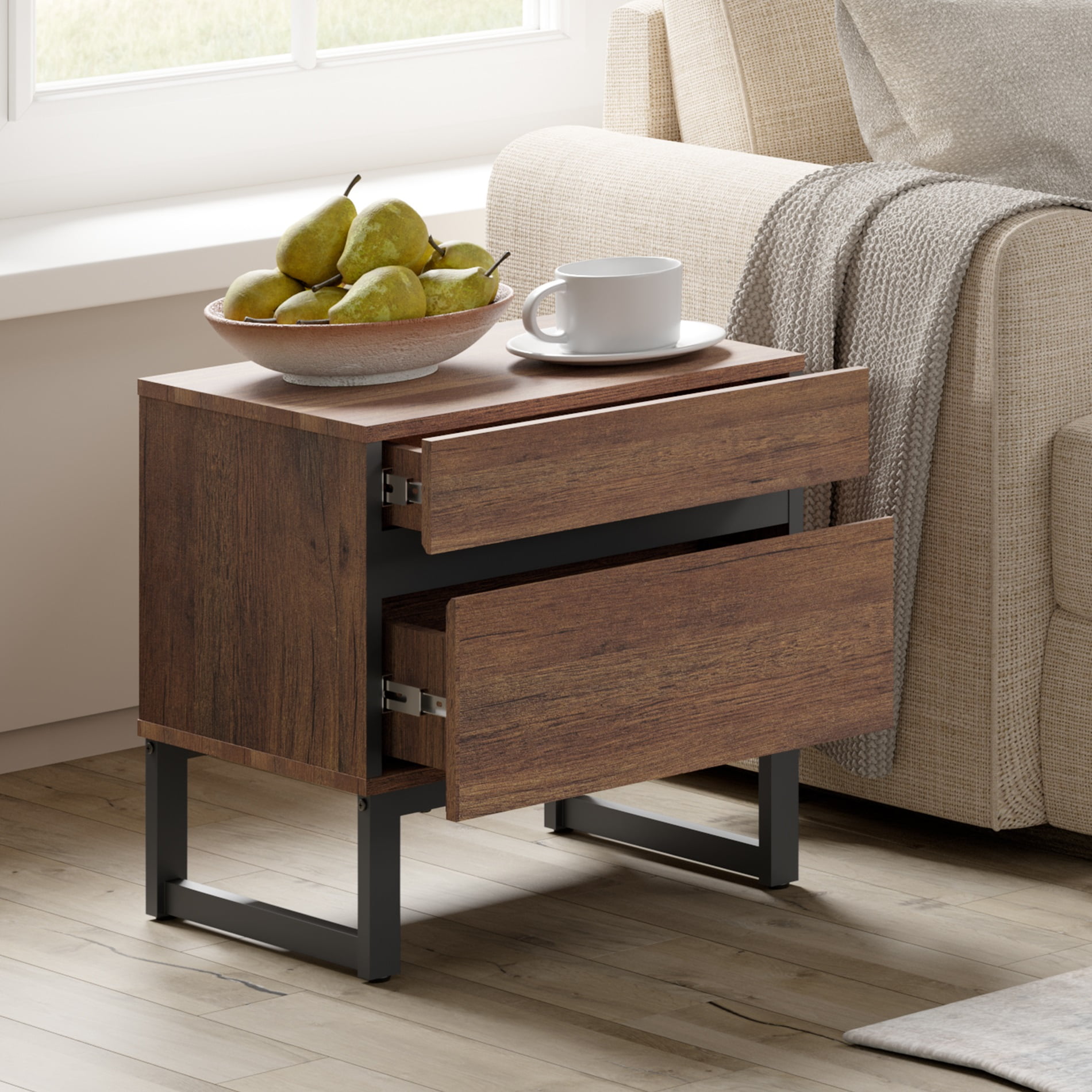 WAMPAT Modern End Table With 2 Drawers - Compact Sofa Side Table & Nightstand For Living Room & Bedroom