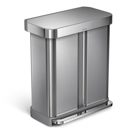 simplehuman 15.3 gal Stainless Steel Dual Compartment Recycler Kitchen Step Trash Can, Brushed