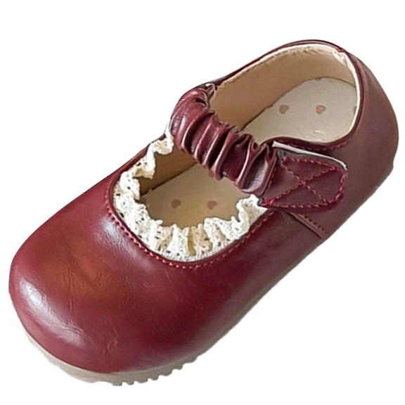 IVEYRTF Girls Ruffled Mary Shoes with Elastic Strap Vintage Style Princess Flats for Kids Comfortable and Pretty Shoes(Wine,2-2.5 Years)