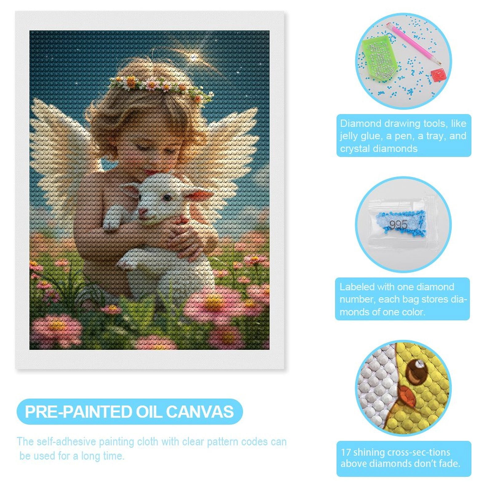 Diamond Art Kits for Adults, Angel Wings Embracing Lamb 5D Diamond Painting Kits for Adults Beginners, DIY Full Drill Diamond Painting, Gem Art and Crafts 12x16