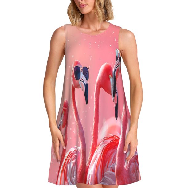 Disketp Cool Flamingos Sunglasses Scene para Vestido sin Mangas para Mujeres, Vestidos de Verano para Mujeres, Casual y Holgado para la Playa