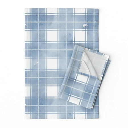 

Printed Tea Towel Linen Cotton Canvas - Blue Watercolor Plaid Light Distressed Look Check Weathered Baby Boy Nursery Abstract Modern Print Decorative Kitchen Towel by Spoonflower